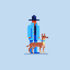 Detective, a man in a coat and hat walks with a dog on a leash, pixel art icon. Design for mobile app, web, logo. Isolated vector illustration. Game assets 8-bit sprite.
