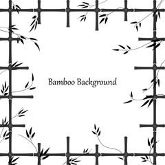 Obraz premium Bamboo background in the form of a window made of bamboo sticks. Black pattern of trellis and bamboo branches with leaves. Frame made of bamboo lattice with an empty place for an inscription.