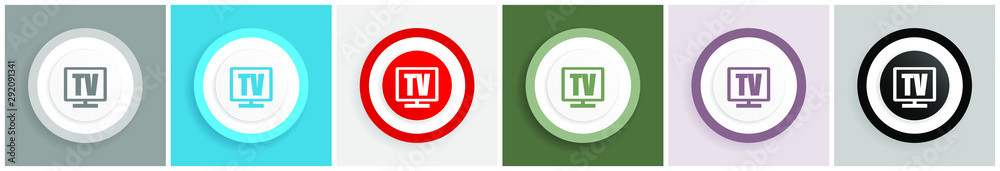 Poster tv icon set, colorful flat design vector illustrations in 6 options for web design and mobile applic