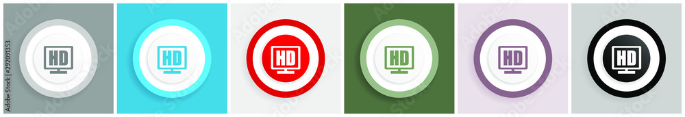Poster Hd display icon set, colorful flat design vector illustrations in 6 options for web design and mobile applications