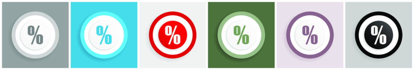 Percent icon set, colorful flat design vector illustrations in 6 options for web design and mobile applications