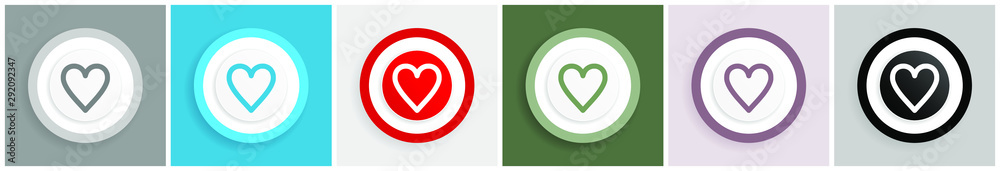 Poster heart icon set, colorful flat design vector illustrations in 6 options for web design and mobile app