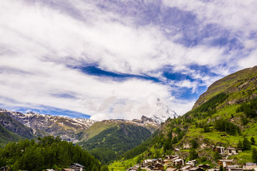 Fototapeta premium Beautiful Zermatt Valley and Matterhorn Peak in cloudy summer morning