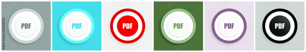 Poster pdf icon set, colorful flat design vector illustrations in 6 options for web design and mobile appli