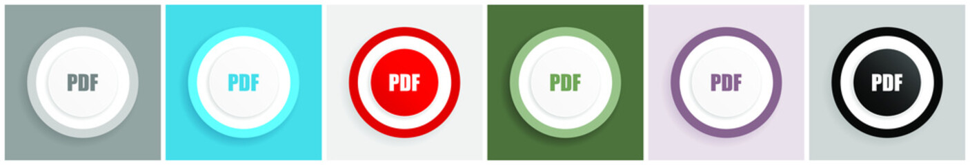 Pdf icon set, colorful flat design vector illustrations in 6 options for web design and mobile applications