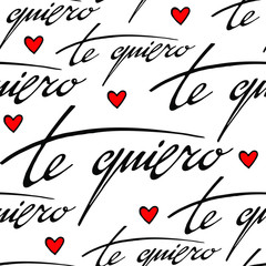 Vector seamless pattern with phrase "I love you" in spanish and simple red hand drawn hearts. Saint valentine, wedding, romantic passion modern decor. Hand written lettering.