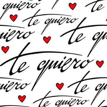 Vector seamless pattern with phrase "I love you" in spanish and simple red hand drawn hearts. Saint valentine, wedding, romantic passion modern decor. Hand written lettering.