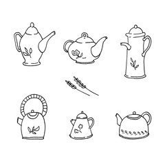 Hand drawn vintage teapots doodle collection with branches isolated on white background. Hand drawn teapots  icons. Design elements for card, print, banner