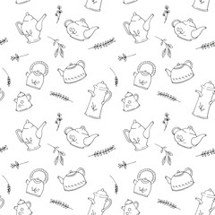 Hand drawn seamless pattern with vintage teapots doodle collection and branches isolated on white background. Design for textile, wallpaper, wrapping, menu