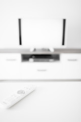 TV with white screen on a stand in the room.