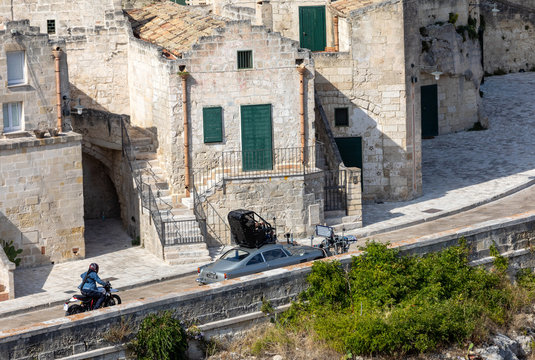 Bond 25, Aston Martin DB5 while filming chase scenes through the narrow streets of the movie "No Time to Die" in Sassi, Matera, Italy.