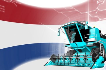 Fototapeta na wymiar Agriculture innovation concept, blue advanced rural combine harvester on Netherlands flag - digital industrial 3D illustration