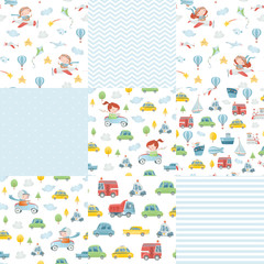 Set of seamless patterns with funny children. Cars and planes. Little pilots and drivers.