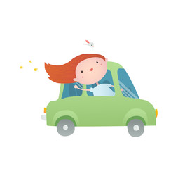 A girl drives a  car.