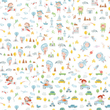 Set of seamless patterns with funny children. Adventure time.