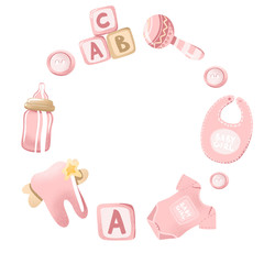 pink baby girl wreath with hand drawn cute newborn element for first year projects