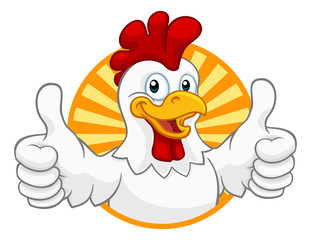 A chicken cartoon rooster cockerel character mascot giving a thumbs up.