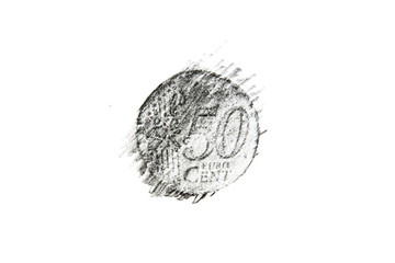 Pencil drawing fifty euro cent coin on white paper