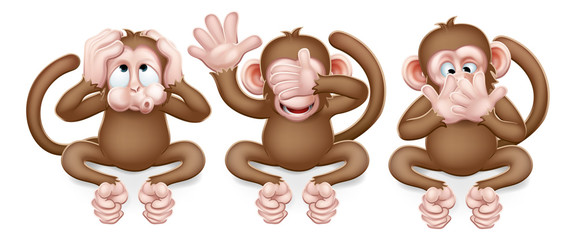 The monkeys from the saying see, hear and speak no evil cute cartoon characters.