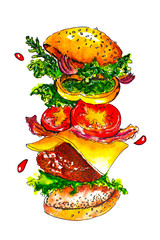 Delicious hamburger with flying ingredients isolated on white background. Hand drawn burger. Sketch. Illustration.