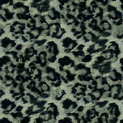 Seamless stylized leopard spotted pattern. Black chaotic spots on a gray-green background.