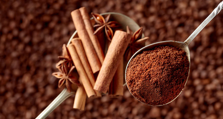 Spoons of ground coffee and anise with cinnamon sticks.