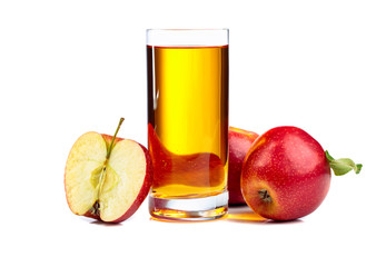 Glass of apple juice and red apples isolated on a white background.
