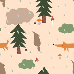 Cute seamless autumn vector pattern with foxes  in the  rainy forest. Pattern with mood of rainy forest,trees,mushrooms and foxes . For dresses,textiles, wallpapers, designer paper, etc