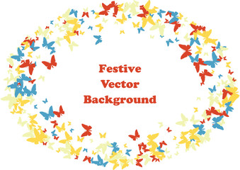 Festive butterfly confetti background. Frame vector pattern texture for holiday, postcard, poster, carnival, banner, birthday and children's parties. Butterfly cover mock-up. Wedding butterfly layout