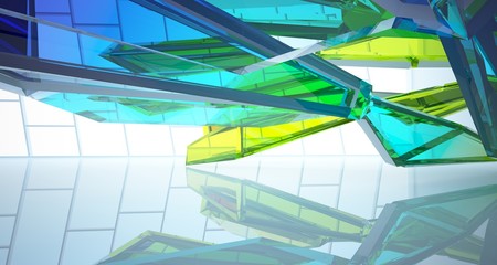 Obraz premium Abstract architectural white and glass gradient color interior of a minimalist house with large windows. 3D illustration and rendering.