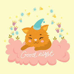 Vector postcard sleeping cat on a cloud, good night