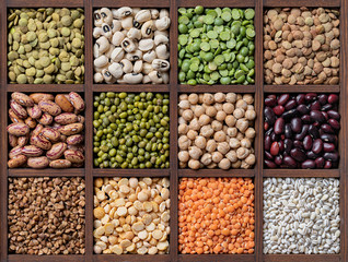 Legume family food in wooden box background