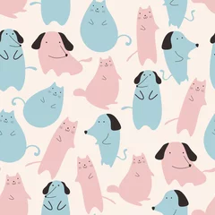 Keuken foto achterwand Honden Naadloze patroon met schattige kat en hond dierlijke pastel kleuren blauw en roze op witte achtergrond. Grappige tekening voor kinderen, kinderen, baby mode kleding textiel print vectorillustratie.