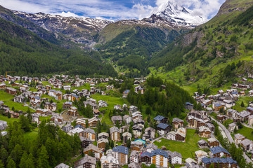 Fototapeta na wymiar Spectacular aerial landscape of Zermatt valley and Matterhorn peak 