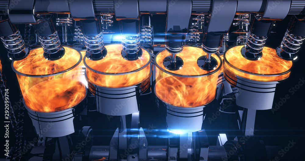 Poster fuel injected v8 engine with explosions. pistons and other mechanical parts - 3d illustration render