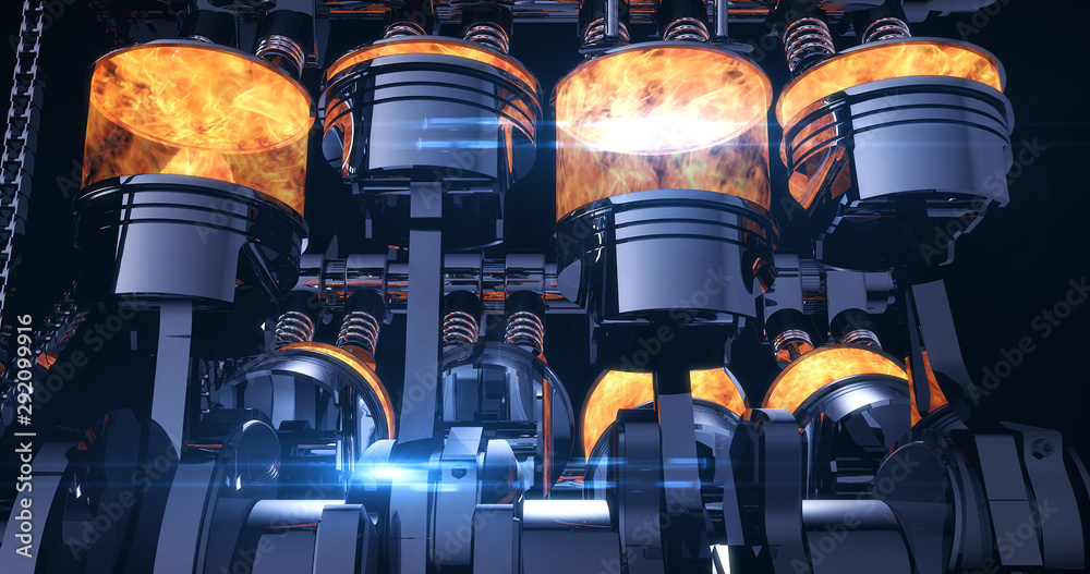Aufkleber fuel injected v8 engine with explosions. pistons and other mechanical parts - 3d illustration render