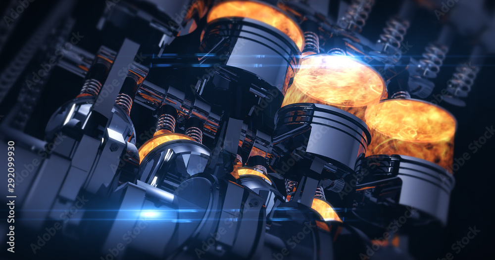 Poster power hungry v8 engine with explosions. pistons and other mechanical parts - 3d illustration render