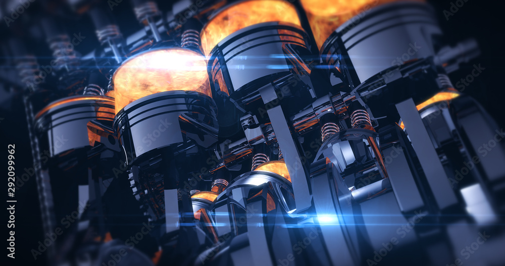 Poster power hungry v8 engine with explosions. pistons and other mechanical parts - 3d illustration render