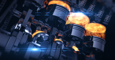 Power Hungry V8 Engine With Explosions. Pistons And Other Mechanical Parts - 3D Illustration Render
