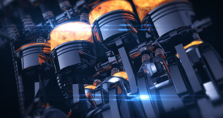 Power Hungry V8 Engine With Explosions. Pistons And Other Mechanical Parts - 3D Illustration Render