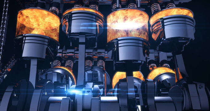 Fuel Injected V8 Engine With Explosions. Pistons And Other Mechanical Parts - 3D Illustration Render