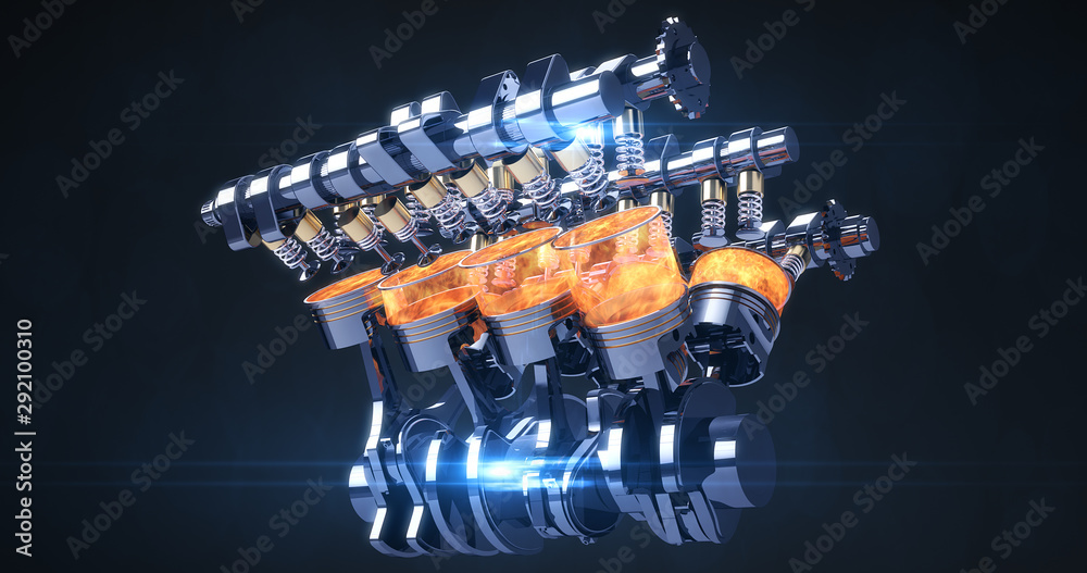 Poster Power Hungry Rotating V8 Engine Producing Power. Pistons And Other Mechanical Parts - 3D Illustration Render