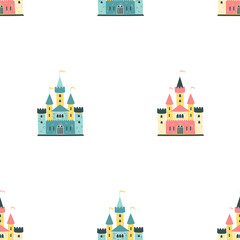 The palaces of the princess. Vector seamless pattern in cartoon scandinavian style. Colorful royal castles on a white background. Ideal for textiles, wallpaper, wrapping paper.