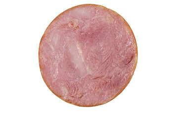 Slice of smoked sausage isolated on white background