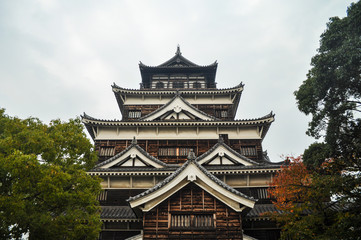Looking up Hiroshima Castle in Japan