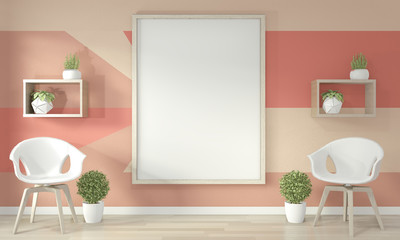 Ideas of living coral living room Geometric Wall Art Paint Design color full style on wooden floor.3D rendering