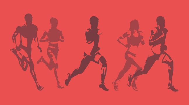 Runners, group of running men and woman. Set of isolated vector silhouettes. Ink drawing