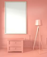 Mock up poster frame with cabinet and lamp on Room living coral style.3D rendering