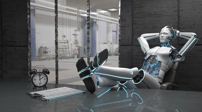 Relaxing white robot in the break room. 3d illustration.