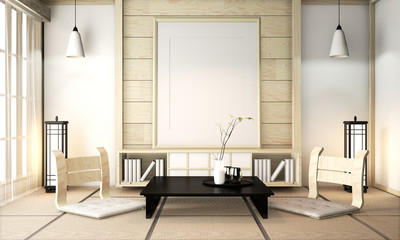Zen room interior wooden wall on tatami mat floor with poster frame, low table and armchair.3D rendering